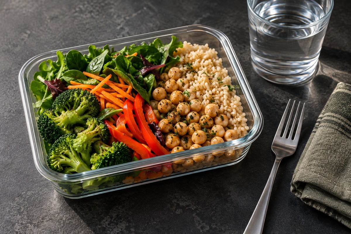 A packed lunch with colourful vegetables, chickpeas and rice beside a glass of water
