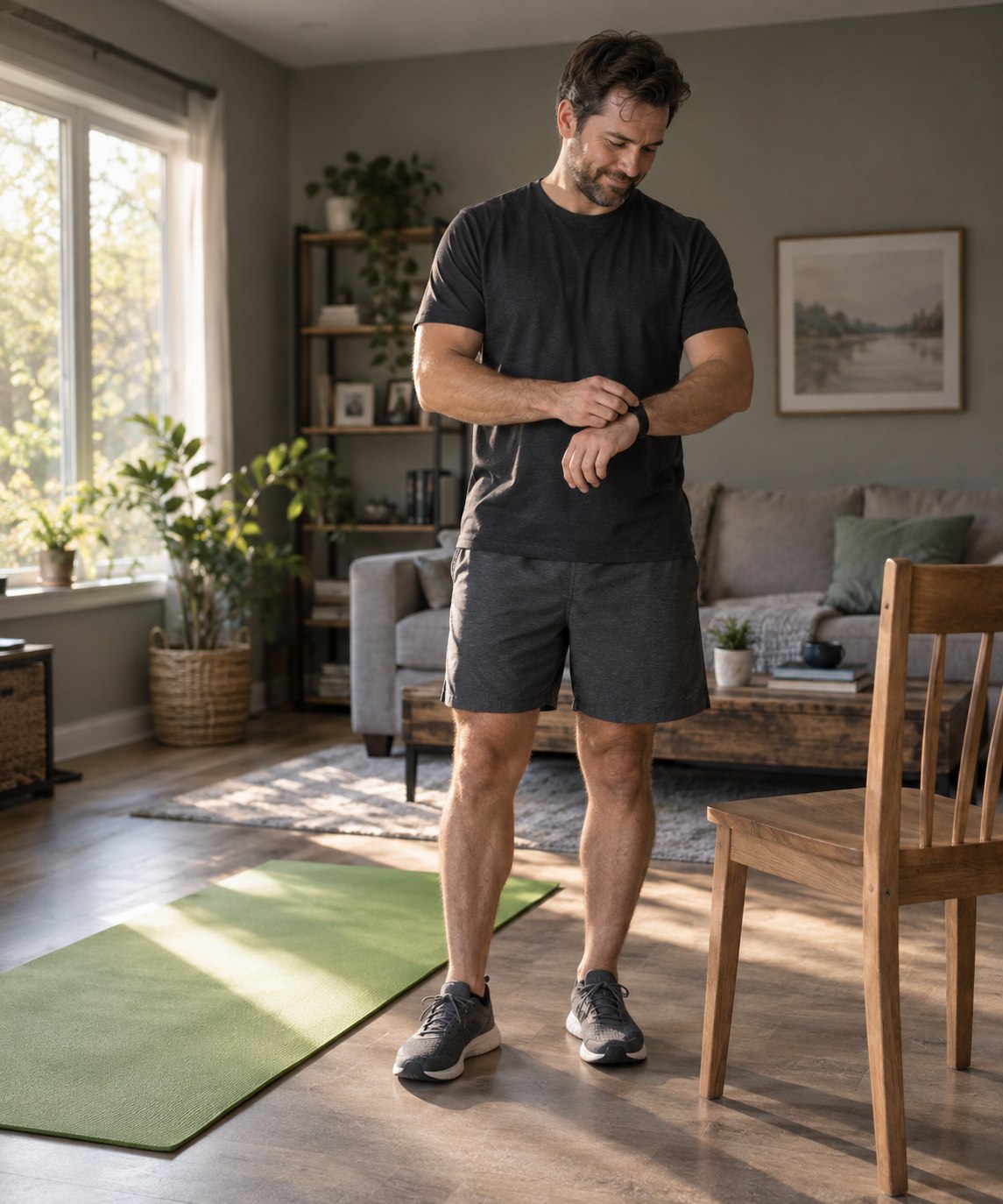 A man getting ready for a home routine beside a stable chair and exercise mat